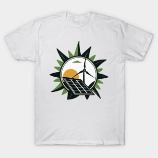 Support Renewable Energy with Our Cartoon Wind Turbine and Solar Panel Design T-Shirt